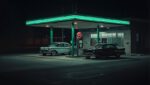 Nachtschicht. Tankstelle bei Nacht.