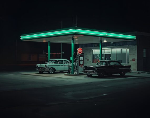 Nachtschicht. Tankstelle bei Nacht.