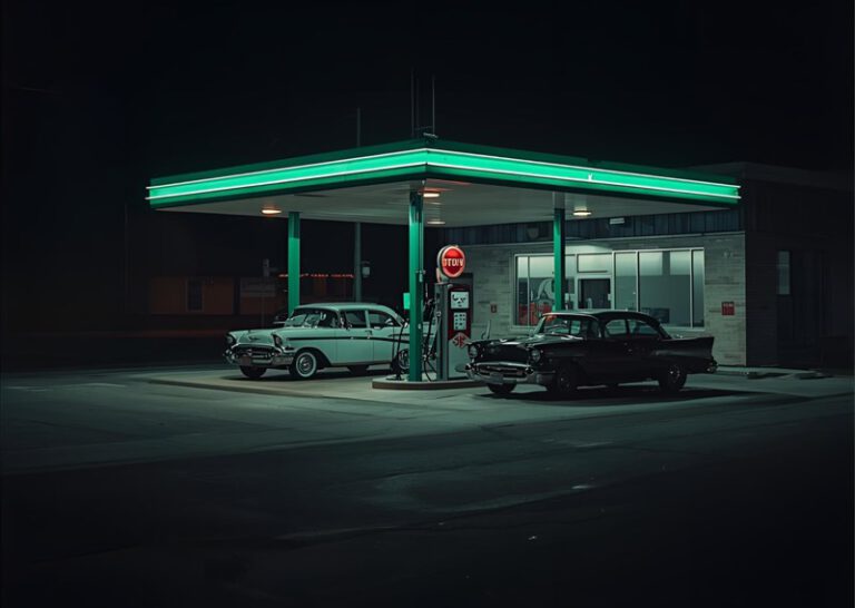 Nachtschicht. Tankstelle bei Nacht.